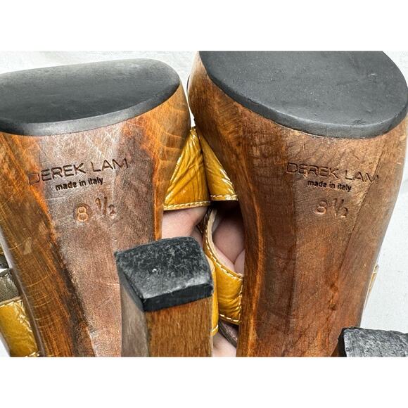 Derek Lam Orange Brown Patent Leather Slingback Platform Wooden Heel Sandals 8.5 - Picture 10 of 11